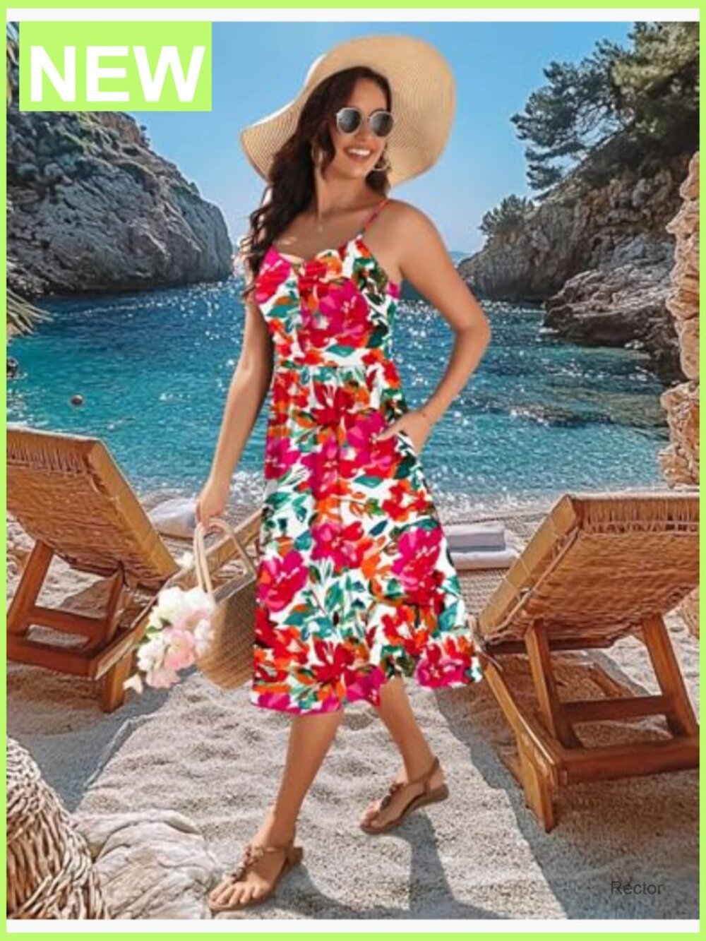 Adjustable Spaghetti Strap V-Neck Midi Sundress with Pockets Flowy Beach - Picture 5 of 7